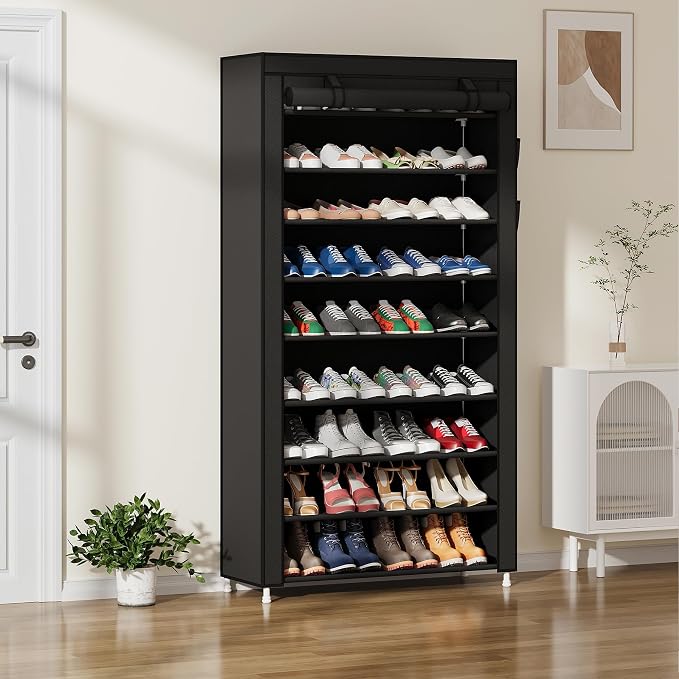 Laiensia 9-Tier Vertical Shoe Rack Organizer, Space Saving Shoe Storage Organizer, Non-Woven Cover Shoe Shelf Holds 36-45 Pairs for Bedroom, Hallway, Closet Entryway, Black