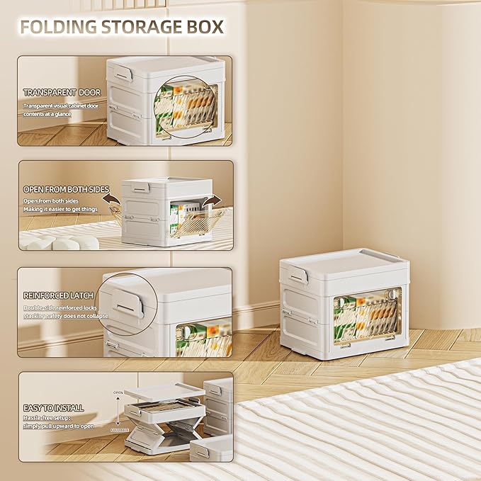 4 QT / 1 Gal Foldable Storage Cabinet with Clear Double Doors Organizer, Transparent Front & Back, Pull to Setup, Rolling Storage Bin for Closet/Living Room