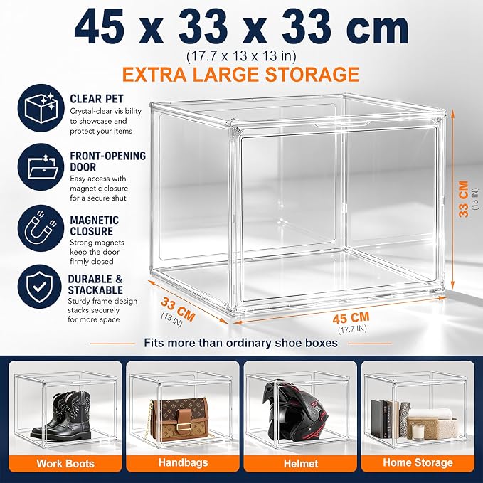 XXX-Large Extra Large Acrylic Display Case 17.3'' x 13'' x 13'' Transparent Sneaker Shoe Organizer Clear Plastic Stackable Boot & Shoe Boxes Large Showcase for Helmet, Handbag, Figures Collectibles