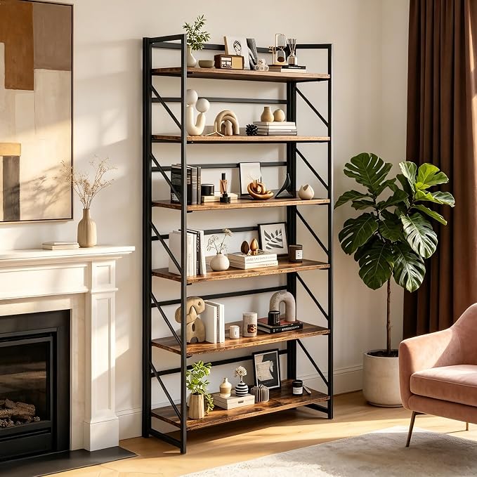 JSB 6 Tier No Assembly Folding Bookshelf, 30.7" Wide Foldable Storage Bookcase for Home Office, Space-Saving Storage Shelf for Living Room (Fire Brown)