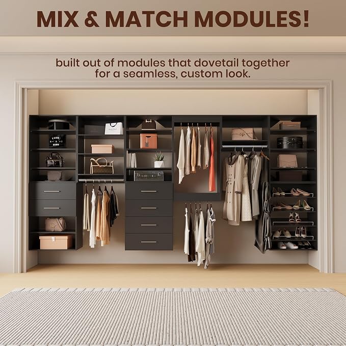 ROOMTEC Modular Closet System, 66" Closet Organizer with Hanging Rods, Wall-Mounted Wooden Tower for Walk-In Closets, Wardrobe Storage Kit, Black