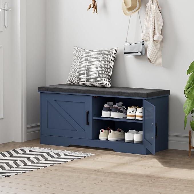 HOMSHO Farmhouse Shoe Storage Bench with 2 Barn Doors & Padded Seat Cushion | 39.4" Wide Entryway Bench with Adjustable Shelves & Hidden Storage, Blue