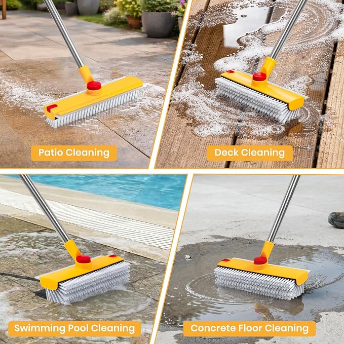 REEWII 64in Floor Scrub Brush with Long Handle,3 in 1 Hard Bristle Cleaning Brush with Scraper and Tweezers for Household Cleaning, Bathroom, Swimming Pool, Garage, Windows, Walls, and Terrace Decks