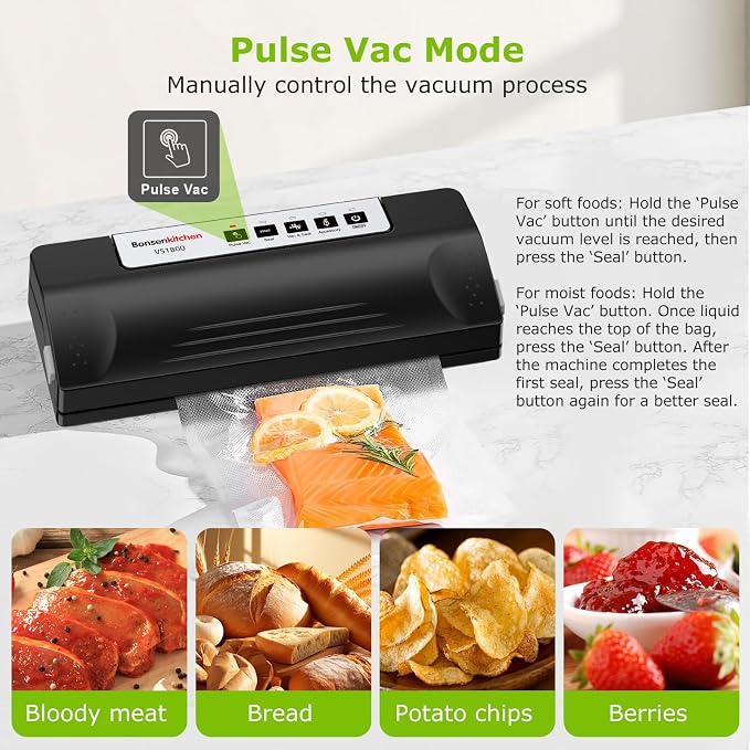 Bonsenkitchen Vacuum Sealer Machine for Food Storage,Black-Silver | Multi-Functional Food Sealer, 65kPa Suction, External Vacuum System , Compact Design with 5 Vacuum Bags