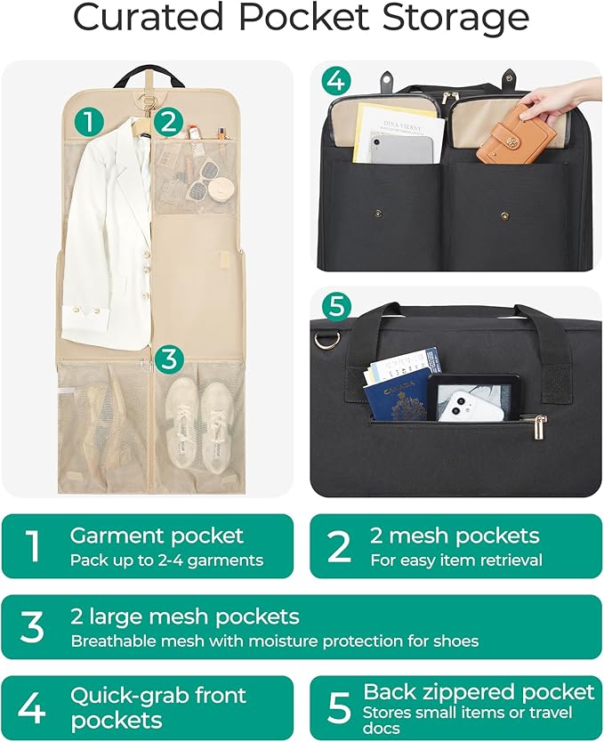 BAGSMART Large Garment Bags for Travel, Carry on Garment Bags for Hanging Clothes, Travel Suit Bag for Shirts Dresses Coats, Beige