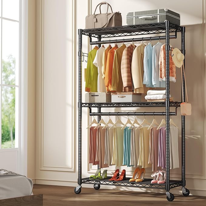 NEWBULIG Heavy Duty Clothing Rack with Wheels, 3-Tier Adjustable Wire Garment Rack, Metal Freestanding Closet Organizer System with Double Hanging Rods & 8 Side Hooks, 47"x17"x80", Black