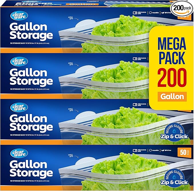 Double Zipper Storage Bags, Gallon Size - 200 Count, (4 packs of 50), Reusable Thick Food Plastic Storage Bags - Microwave-Safe, BPA Free - Resealable Containers for Lunch, Snacks, Meals