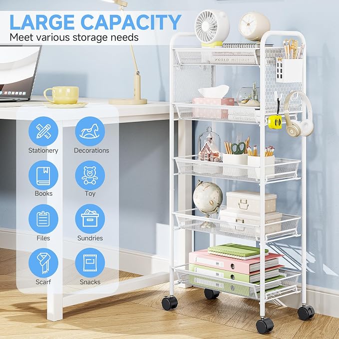 5 Tier Metal Rolling Utility Cart - Heavy Duty Storage Trolley with Pegboard, 4 Hooks & 1 Bin, Mobile Organizer Shelves for Bathroom Kitchen Office Craft Room Laundry, White
