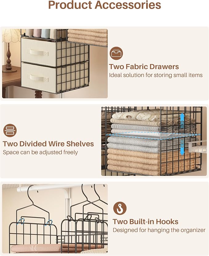 4 Pack Metal Hanging Closet Organizer, Adjustable Wire Shelves with 2 Fabric Drawers, Heavy Duty Foldable Clothes Storage Rack | No Sag Foldable Storage Rack for Clothes, Sweaters, Socks, Hats, Small Closets, Apartments, Dorms