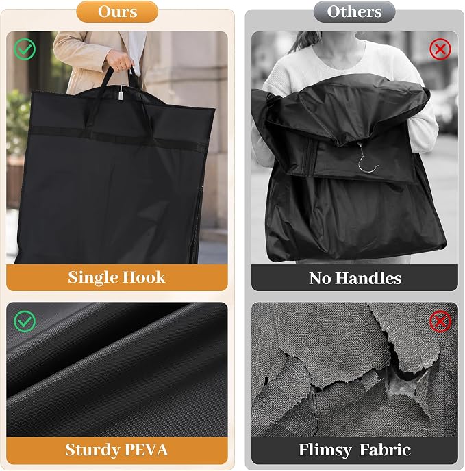 Lzerking 6-Pack Garment Bags for Dresses & Gowns 65” x 23” Suit Bag for Closet Storage, Black Hanging Clothes Cover with Handles for Travel, Waterproof, Dust-Proof