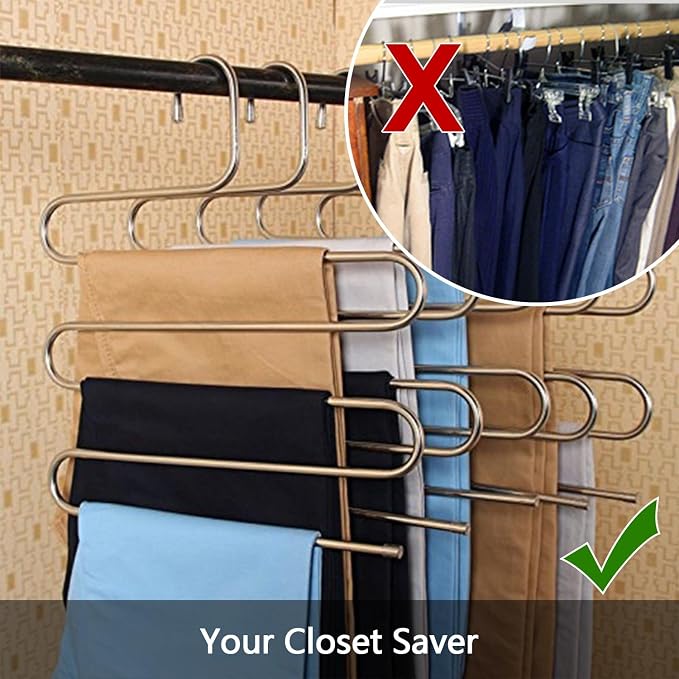 devesanter Pants Hangers Non-Slip S-Shape Trousers Hangers Stainless Steel & Rubber Clothes Hangers Closet Storage Organizer for Pants Jeans Scarf (6 Pack with 10 Clips)