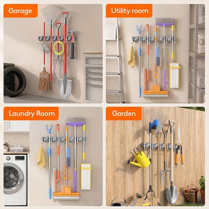 Lifewit Broom and Mop Holder Wall Mount, Non-Slip Cleaning Tool Hanger Organizer with 6 Hooks 5 Slots, Heavy Duty Hanging Broom Utility Rack for Kitchen, Garden, Garage, Laundry, 1 Pack, Gray