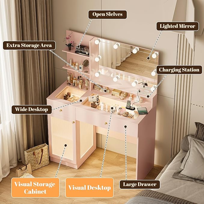 INNOD 40" Vanity Desk with Large Mirror and Lights, Modern Glass Top Makeup Vanity Set with Power Outlet,Pink