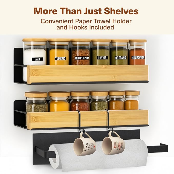 2 Pack Magnetic Spice Rack for Refrigerator – Strong Magnetic Shelf for Fridge, Large Spice Organizers, Paper Towel Holder & 8 Hooks – Kitchen Storage by Home Haven.
