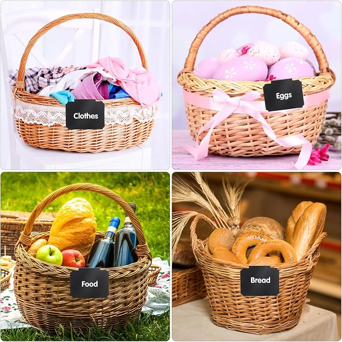12 Pieces Basket Labels Clip on Set, Include 10 Pieces Kitchen Clip Label Holder Removable Pantry Basket Labels with 2 Pieces White Chalk Marker for Storage Bins Organization Box (Black)