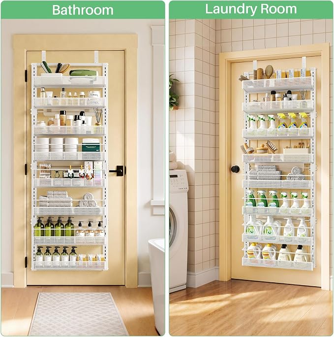 Over the Door Pantry Organizer - 8 Tiers Height Adjustable Pantry Organizers and Storage with Dense Mesh Baskets, Metal Door Hanging Spice Rack for Kitchen Bathroom (White, 17.2" W x 6.2" D x 69.2" H)