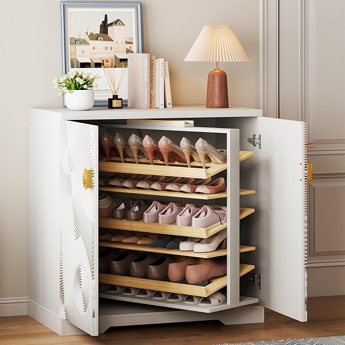 Vlsrka Shoe Storage Cabinet with Doors and 6 Tier Rotating Shelves, White | Suitable for 18 Pairs Shoe Organizer, Freestanding, Pull Out Shoe Rack, Wooden Entryway Cabinet for Hallway, Closet, Indoor