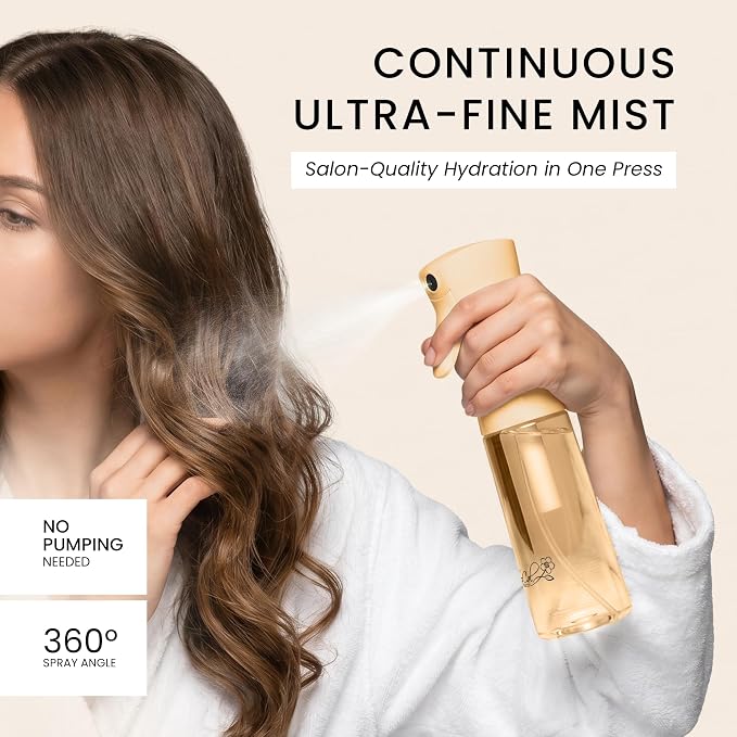 Continuous Spray Bottle for Hair – Slim Design - Fine Mist Water Sprayer for Hairstyling, Curly Hair – Refillable Mister Bottle with 360 Spray – Travel Size Hair Water Bottle