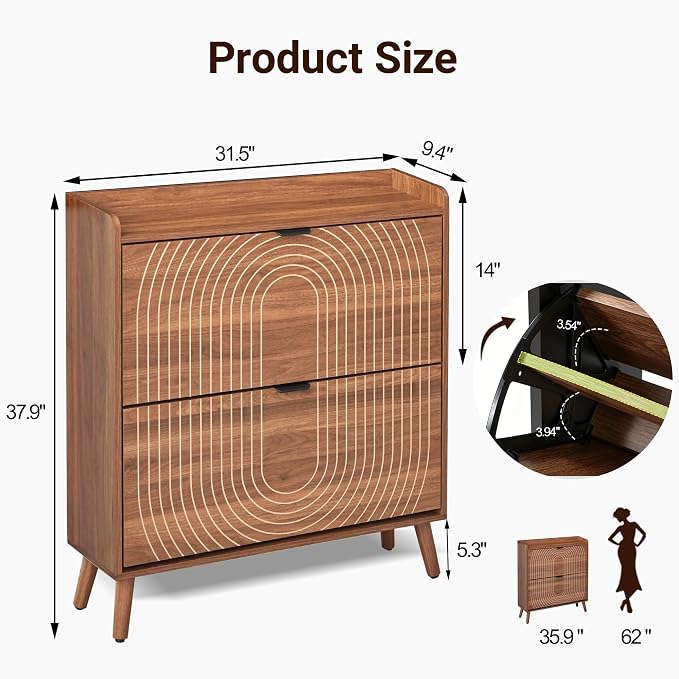 Arch-Chic Shoe Cabinet for Entryway with 2 Flip Drawers, Freestanding Shoe Storage Cabinet for Entryway, Narrow Wood Shoe Organizer for Foyer, Front Door, Hallway