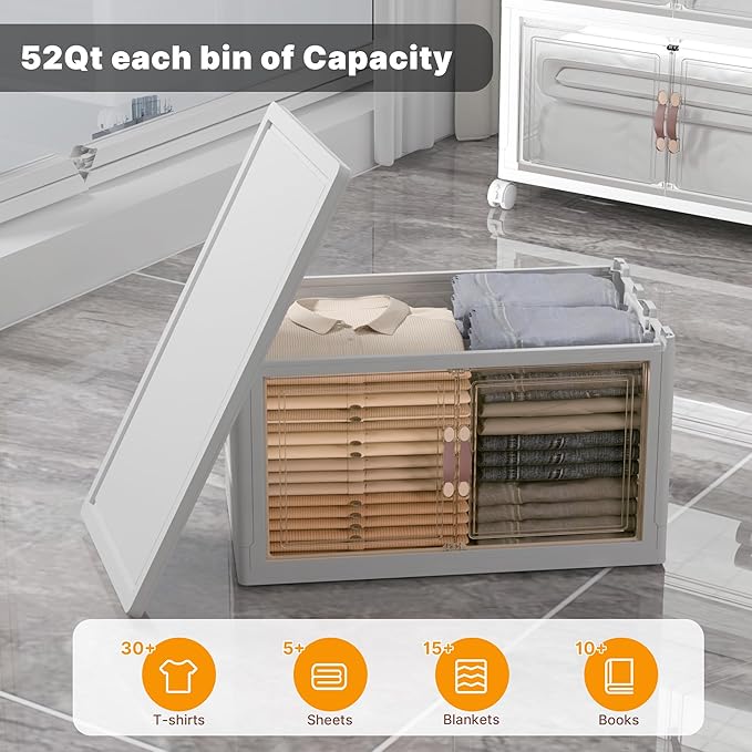 UAMFURI Stackable Storage Bins with Lids, Extra Large Plastic Organizer Cabinet Drawers, 240QT Collapsible Closet Containers with Doors and Wheels,For Bedroom, Kitchen, Office, Garage,(5Pack Cube)