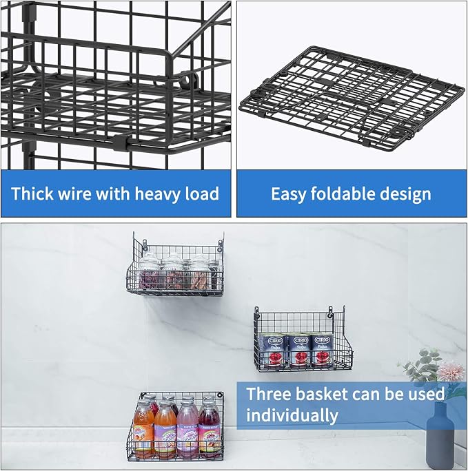 X-cosrack 3-Tier Stackable Detachable Snack Organizer (Large Size), Countertop Display/Wall Mounted Shelf with 5 Hooks Wire Basket Snack Shelf for Office Cabinets, Kitchen, Pantry, 11.8x7.8x22 Inch