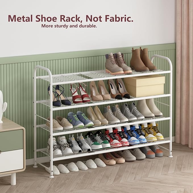 LINZINAR 4 Tier Long Shoe Rack for Closet Metal Shoe Organizer for Entryway | Spacious design stores 25+ pairs of shoes,durable metal frame,space-saving organizer for closet, hallway, and Entryway White