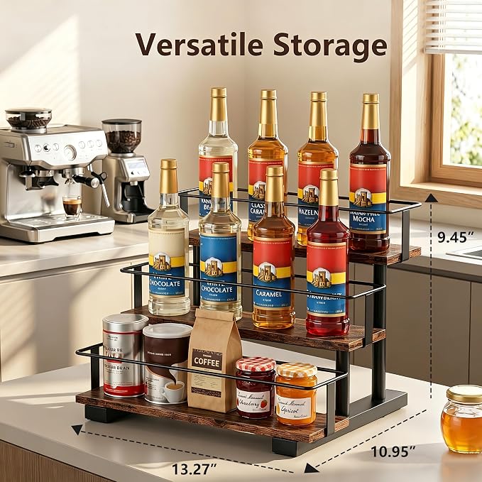 3-Tier Coffee Syrup Rack, Holds 12 Bottles, Rustic Wood & Metal | Stepped display for coffee bar, fits liquor, spice jars & extracts, space-saving countertop.