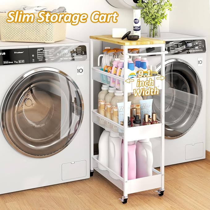 Vincona 9.1" Wide Slim Rolling Utility Cart, 4 Tier Metal Narrow Storage Cart with Handle and Wood Top, Multifunctional Small Mobile Shelf Unit Organizer Trolley for Laundry, Bathroom, Kitchen