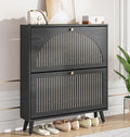 Fsbecl Shoe Storage Cabinet for Entryway with 2 Flip Drawers, Narrow Wood Shoe Cabinet with Fluted Panel, Freestanding Hidden Shoe Organizer for Foyer, Hallway (Black - No Shelf)
