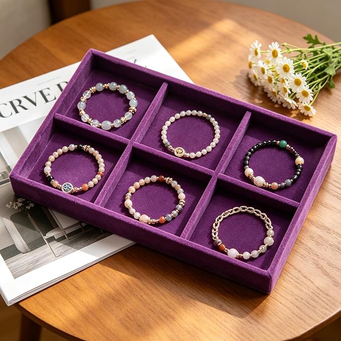 Velvet Jewelry Trays for Drawers, Purple Stackable Jewelry Drawer Organizer Inserts, Ring Earring Necklace Bracelet Holder Organizer Storage Display Tray with Removable Dividers, 6 Grids