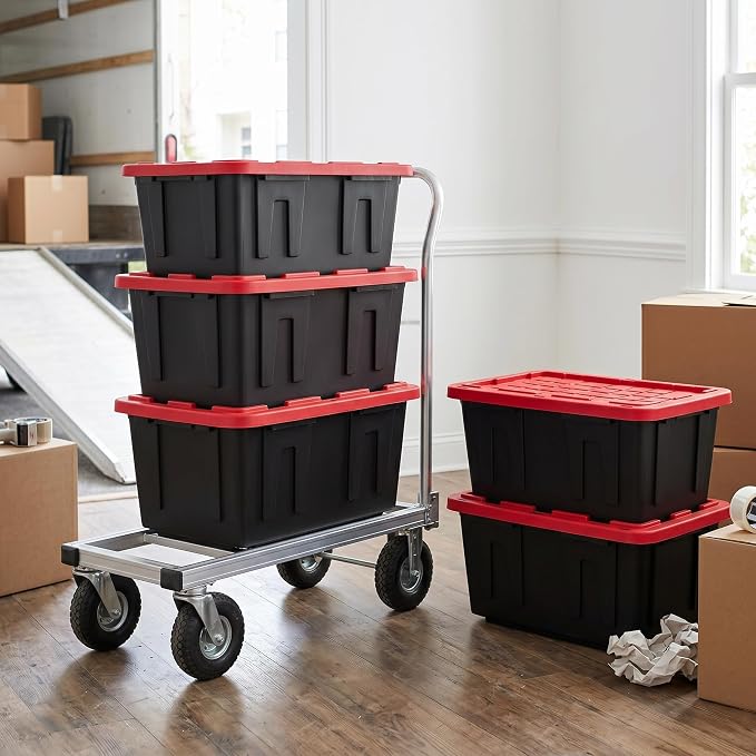 4Pcs 27-gallon Plastic Storage Box, Sturdy and Durable with A Lockable Lid, Suitable for Outdoor, Garage, Basement and Indoor Item Organization, Stackable Storage Box, Black Base and Red Lid