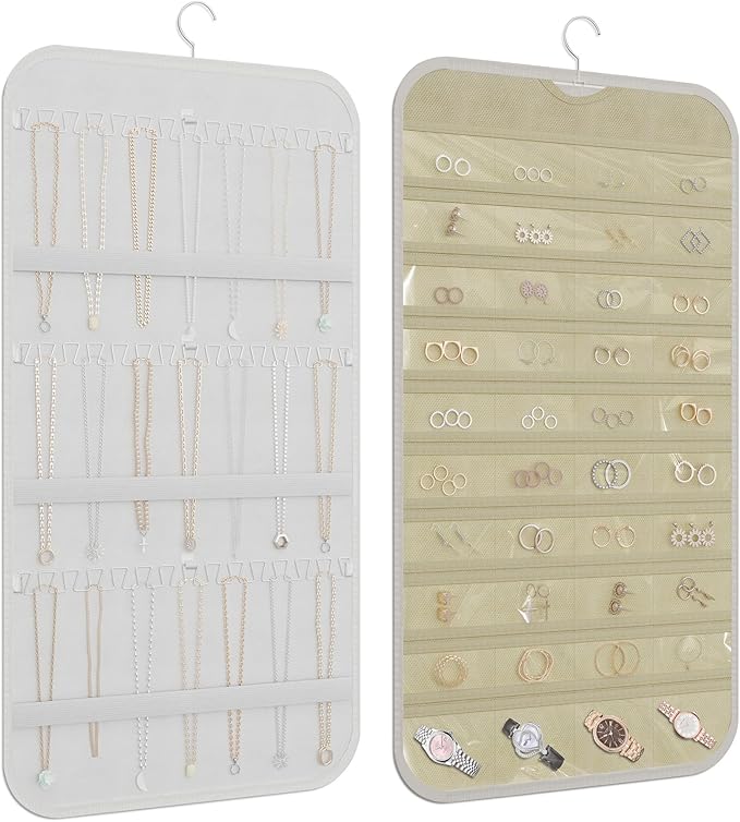 Hanging Jewelry Organizer for Necklaces Earrings, 1-Pack White and Beige | Foldable Double-Sided 36 hooks & 40 clear pockets; swivel hook fits walls, doors & rods for earrings, bracelets, rings