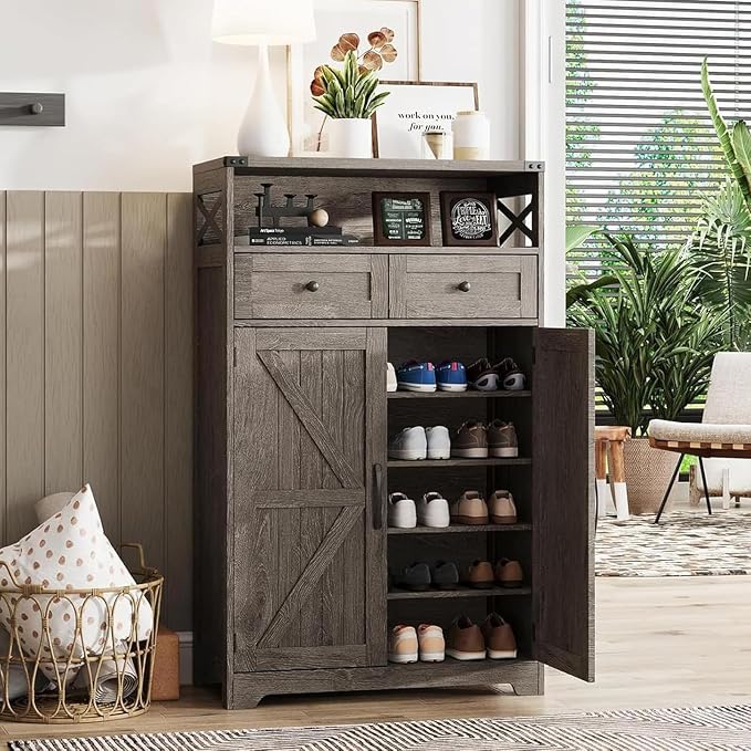 Maupvit Shoe Cabinet with Doors, 6-Tier Farmhouse Shoe Storage Cabinet with 2 Drawers & Adjustable Shelves, Shoe Cabinet Storage for Entryway, Wood Shoe Rack Organizer for Living Room Foyer Hallway