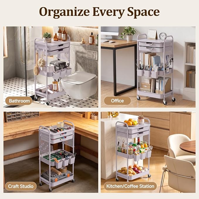 3 Tier Rolling Cart with 2 Drawers, Metal Utility Storage Carts with Wheels | Kitchen Rolling Cart 4.5" Deep Basket, Mesh Side Panel with 3 Cups, 4 Hooks for Office, Bedside, Craft Storage Cart