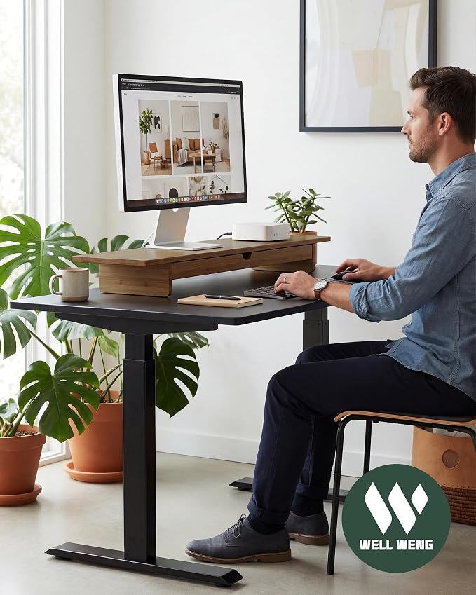 42” Dual Monitor Stand Riser with Large Drawer Keyboard Storage | Double Computer Monitor Riser Shelf for 55-72 Inch Desk Aesthetic Workplace Setup Desktop Organizer Toasted Bamboo