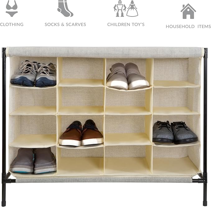 Simplify 16 Pair Shoe Rack with Cover | Stackable | Storage & Organization | Closet | Bedroom | Entryway | Beige