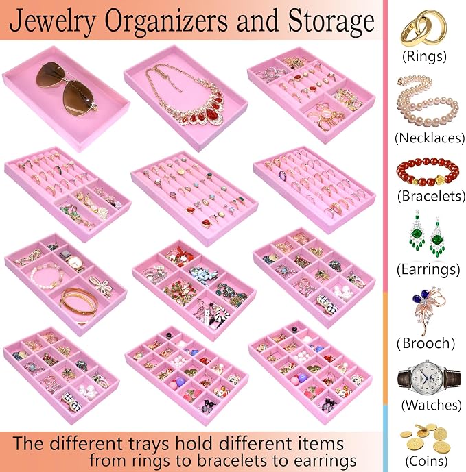 12 Set Jewelry Tray Stackable Velvet Jewelry Organizer Trays for Drawers Inserts Earrings Necklace Rings Jewelry for Women