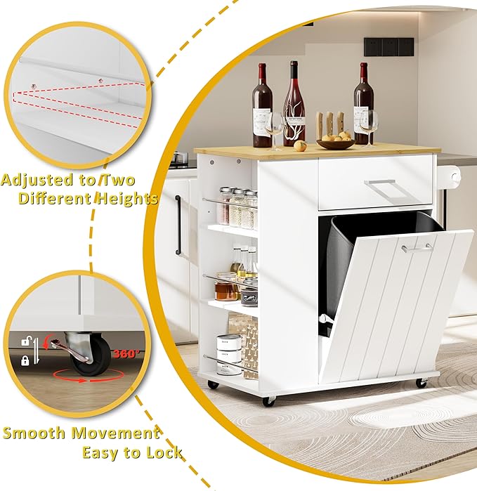 HQZX Rolling Kitchen Island with Trash Can Storage, Portable Kitchen Island on Wheels with Towel Rack & Spice Rack, Tilt Out Trash Can Cabinet with Drawer, Mobile Island Cart (White)