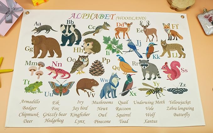 Classroom Wall Flag Decor-Teacher Gift-Inspirational Back to School Wall Banner Decor-Woodland Alphabet-Hanging Rectangular Canvas Banner for Classroom Teacher Office Reading Corner
