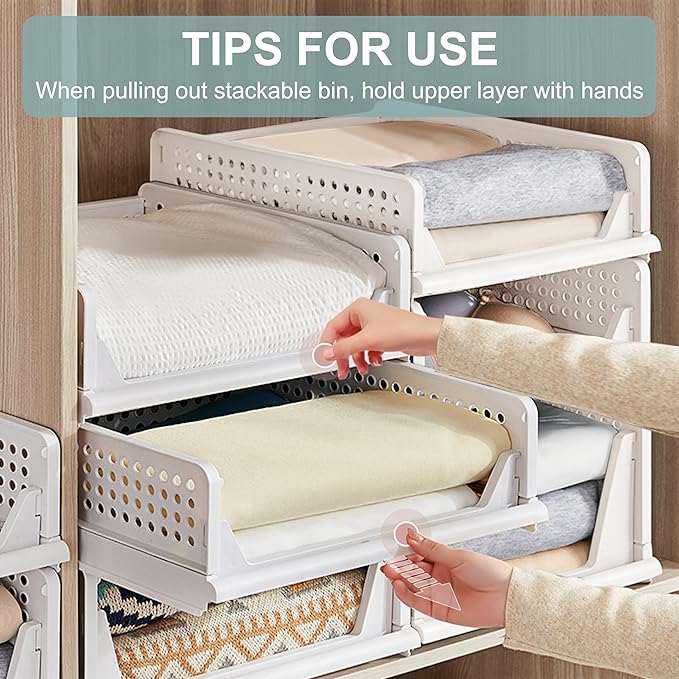 Goderewild Stackable Foldable Storage Baskets, Folding Storage Bins, Closet Organizers and Plastic Drawer Shelf Storage Container for Wardrobe, Cupboard, Kitchen, Bathroom, Office (White, 4L)