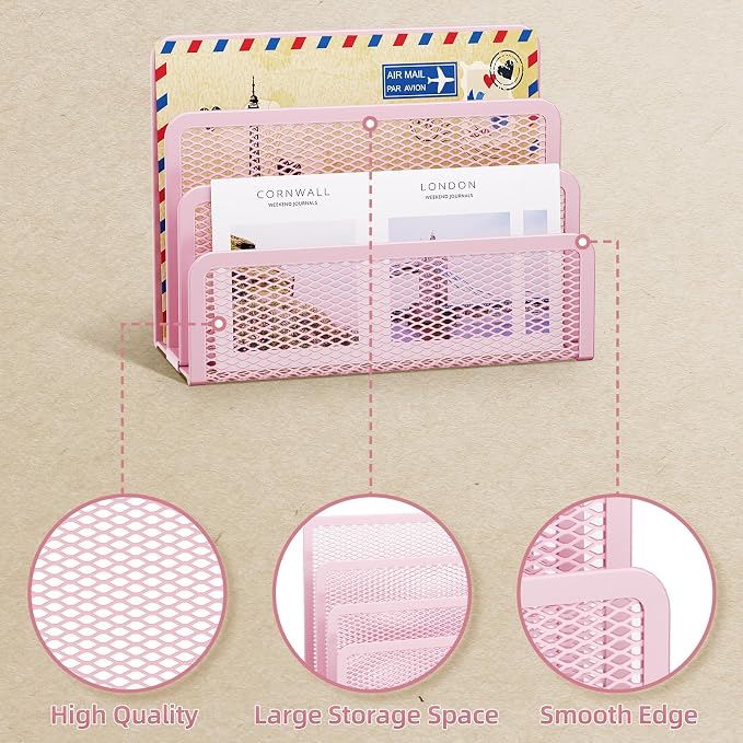 Marbrasse Mail Organizer for Desk, 3-Slot Mesh Metal Mail Holder countertop, Letter Holder, Office Desktop Envelope and Document Storage Rack (Pink)