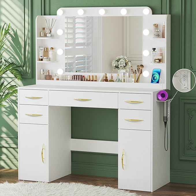 ALEXNUTRE 45.5" Vanity Desk with Mirror and Lights, Makeup Vanity with Lights 3 Models Settings & Power Outlet, Vanity Desk with 5 Drawers, 2 Cabinets, Shelves, Makeup Vanity for Bedroom, White