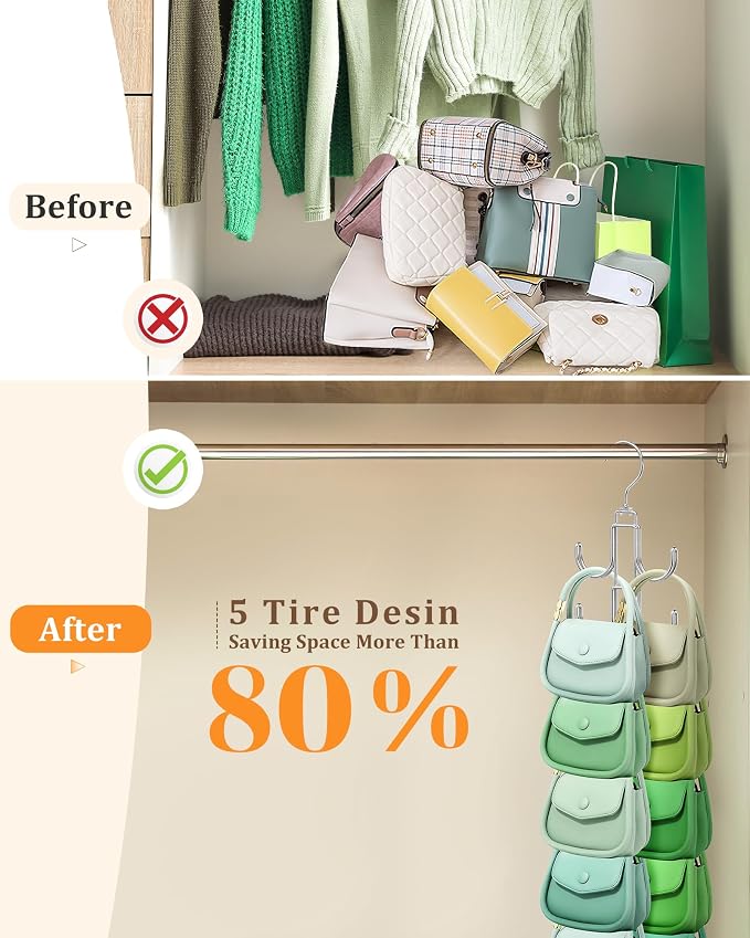 Purse Hanger for Closet, 360 Degree Purse Organizer with 10 Hooks Bag Handbag Hanger Hooks for Purse Hanging, Durable Purse Display Rack Space-Saving Bag Organizer for Women 2 Pack