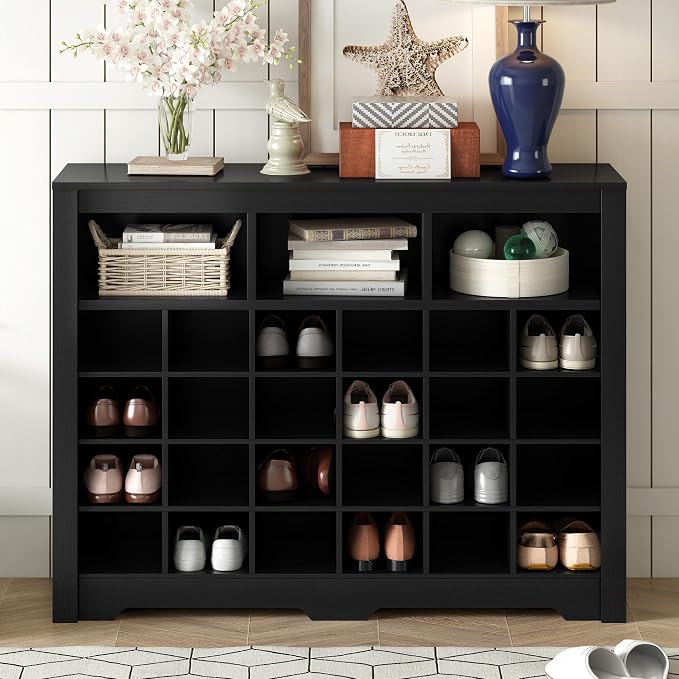 Harper & Bright Designs Sleek Design 24 Shoe Cubby Console, Modern Shoe Cabinet with Curved Base, Versatile Sideboard for Hallway, Bedroom, Living Room, Black