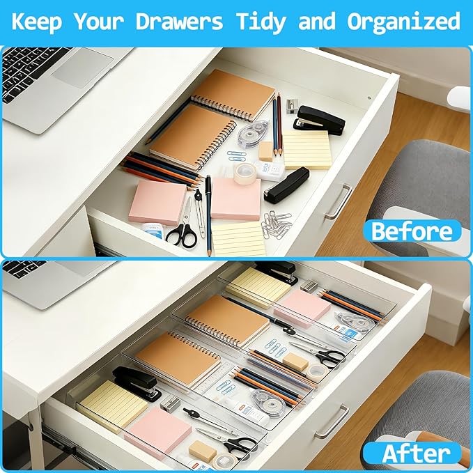 Manalete 4 Pcs Extra Large Clear Plastic Drawer Organizer Trays 15"x6", Multi-Purpose Storage Bins for Vanity, Makeup, Kitchen Utensils, Bathroom, Office Desk, Auto Tools & Craft Supplies
