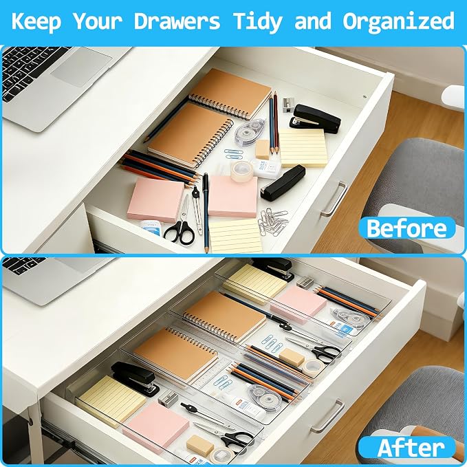 Manalete 8 Pack 15"x6" Extra Large Clear Plastic Drawer Organizer Trays, Multi-Purpose Storage Bins for Vanity, Makeup, Kitchen Utensils, Bathroom, Office Desk, Auto Tools & Craft Supplies