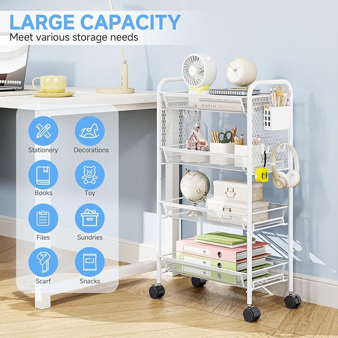 4 Tier Metal Rolling Utility Cart - Heavy Duty Storage Trolley with Pegboard, 4 Hooks & 1 Bin, Mobile Organizer Shelves for Bathroom Kitchen Office Craft Room Laundry