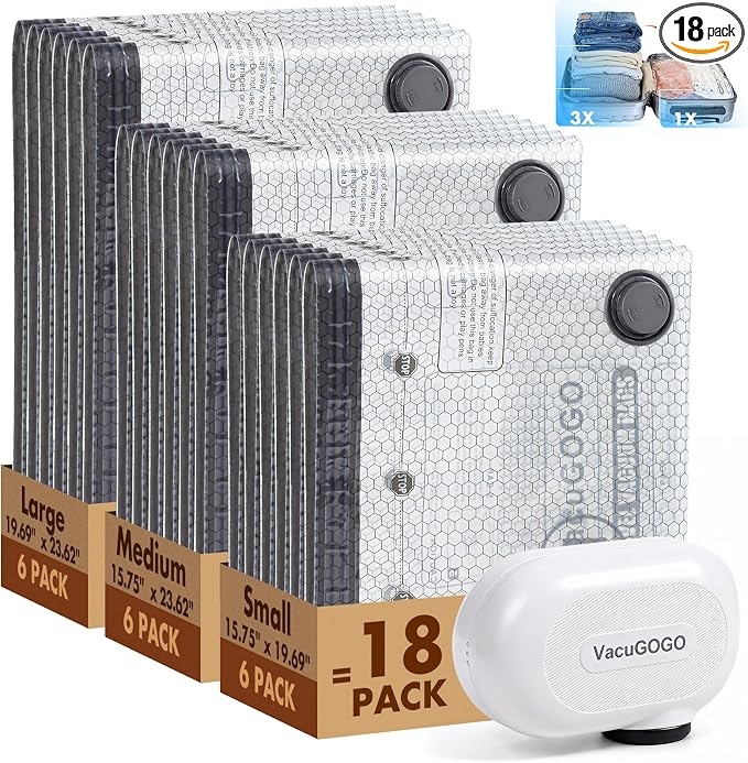 Vacuum Bags for Travel with Rechargeable Pump, 18 Pack Compression Packing Bags with 35KPA Electric Pump, 80% Space Saver for Clothes, Vacuum Seal Bags fo Carry-on Luggage Suitcase