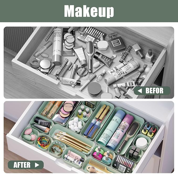 Drawer Organizers Bins 10 PCS for Bathroom Makeup Desk Office | with Non-slip Pads, 3 Sizes, Plastic Tray, Vanity Organizer, Kitchen Utensils Organizer