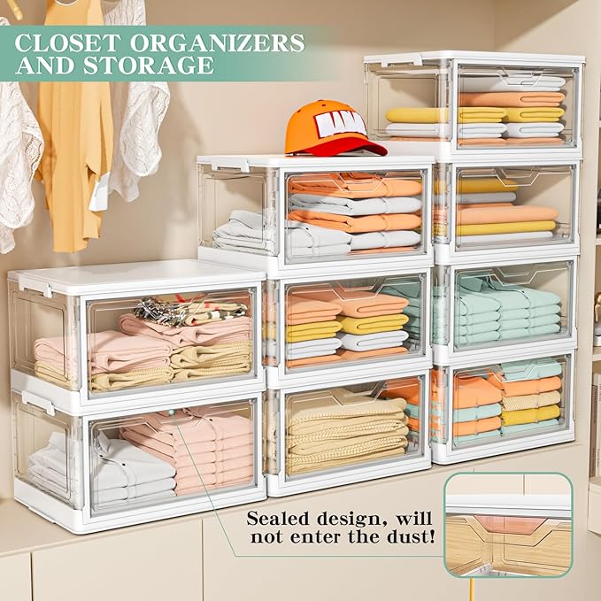 Kmiectse Clear Storage Bins with Lids,4 Tier Plastic Bins with Wheels,Stackable Storage Bin,Closet Organizers Box for Bedroom,Living Room,Toy,23 QT Folding Box with Magnetic door